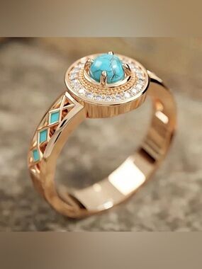 Turquoise Stone 14k Gold Ring - Elegant Blue Cocktail Ring